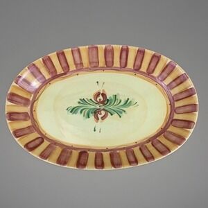Gail Pittman Hand Painted Ceramic Oval Serving Platter Floral Striped Burgundy